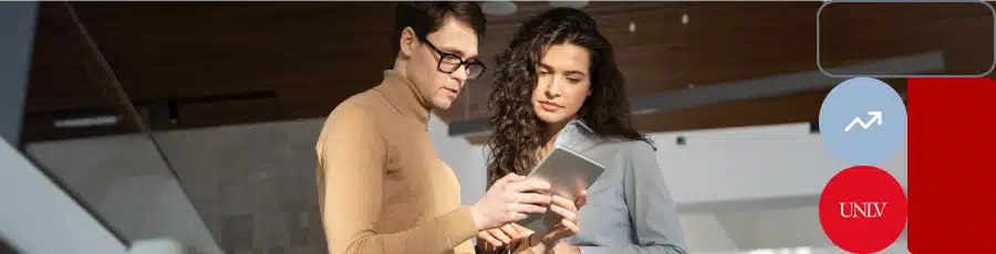 Two individuals looking at a tablet, with icons and modern interior design in the background.